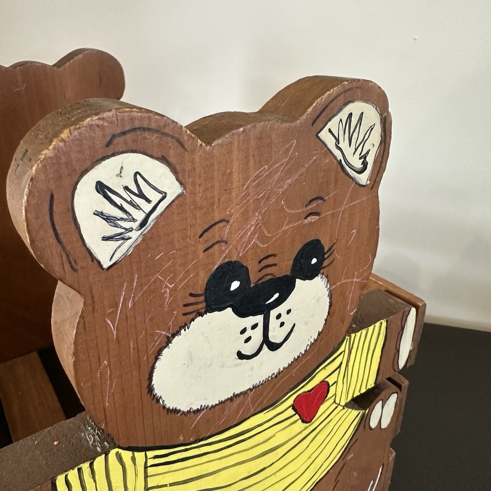 Toy Storage Wooden Box Carved Painted Stained Crate Bear Figurines Basket Rustic - Picture 5 of 11
